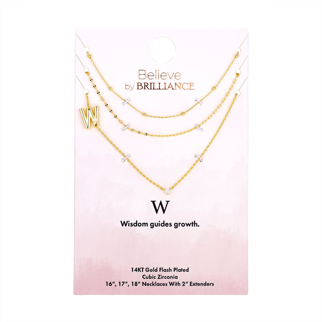 Believe by Brilliance W Triple Chain Initial Necklace Set in 14KT Gold Flash Plated Brass