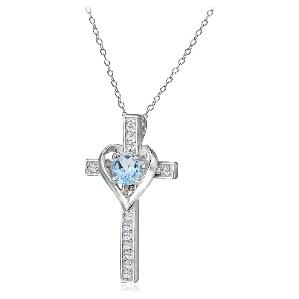 Sterling Silver Blue Topaz and White Topaz Heart Cross Birthstone Pendant Necklace