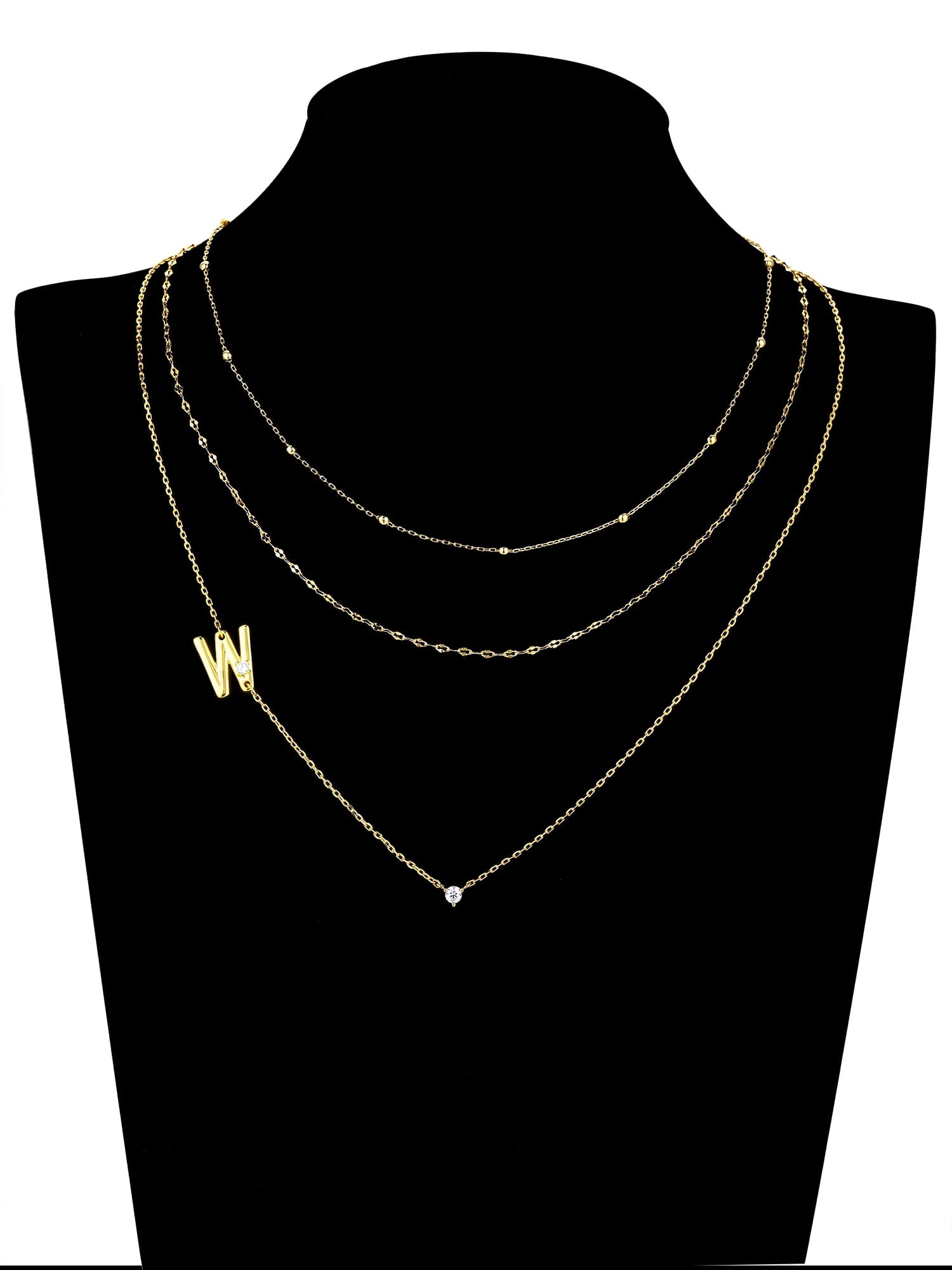 Believe by Brilliance W Triple Chain Initial Necklace Set in 14KT Gold Flash Plated Brass