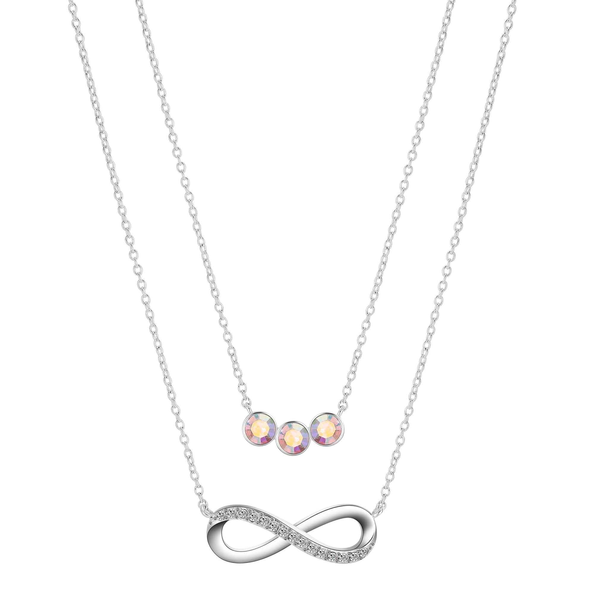 Believe by Brilliance Women's Fine Silver Plated Cubic Zirconia Infinity and Arora Boralis Triple Crystal Necklace Set, 16+2" & 18+2" Extender