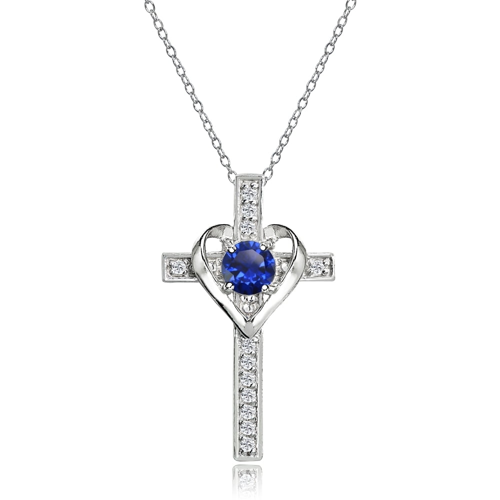 Sterling Silver Blue Topaz and White Topaz Heart Cross Birthstone Pendant Necklace