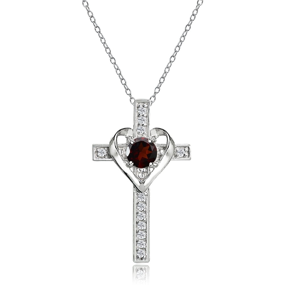 Sterling Silver Blue Topaz and White Topaz Heart Cross Birthstone Pendant Necklace
