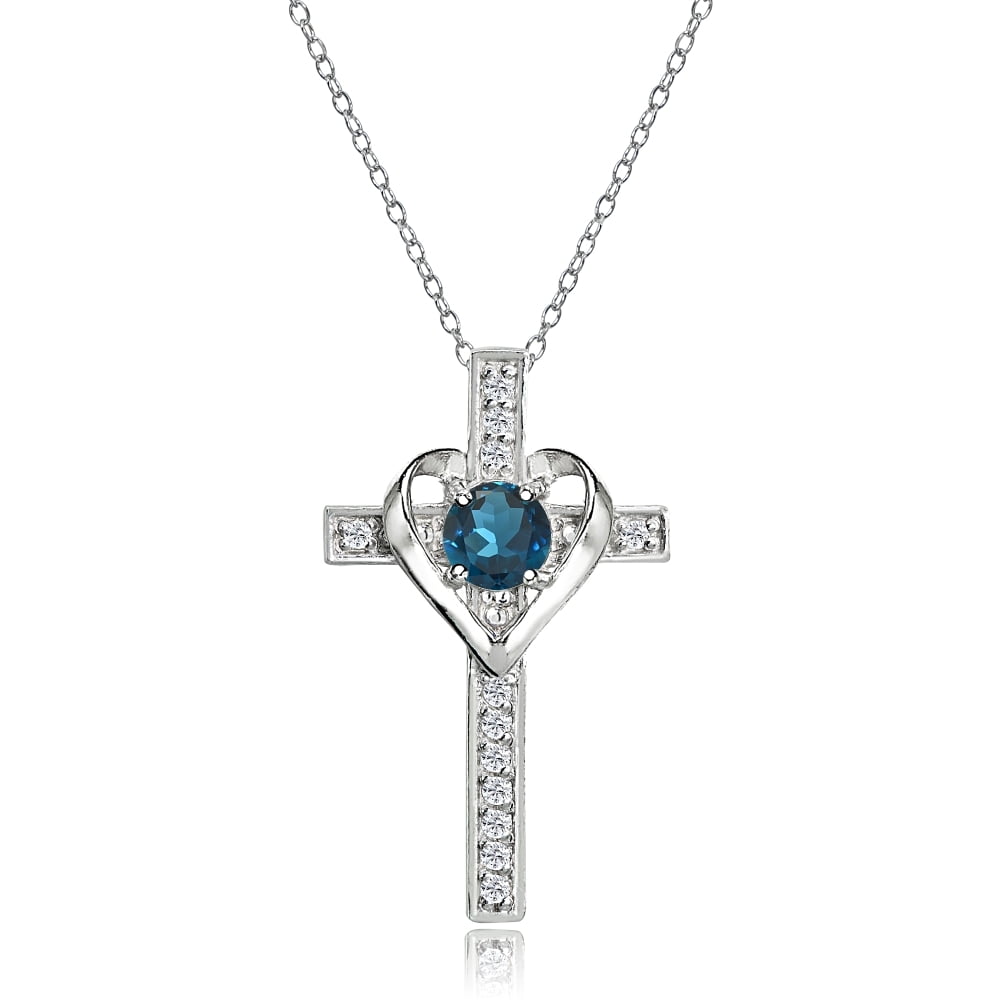 Sterling Silver Blue Topaz and White Topaz Heart Cross Birthstone Pendant Necklace