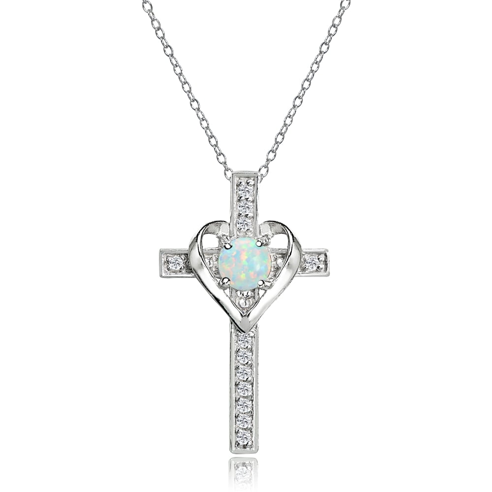 Sterling Silver Blue Topaz and White Topaz Heart Cross Birthstone Pendant Necklace