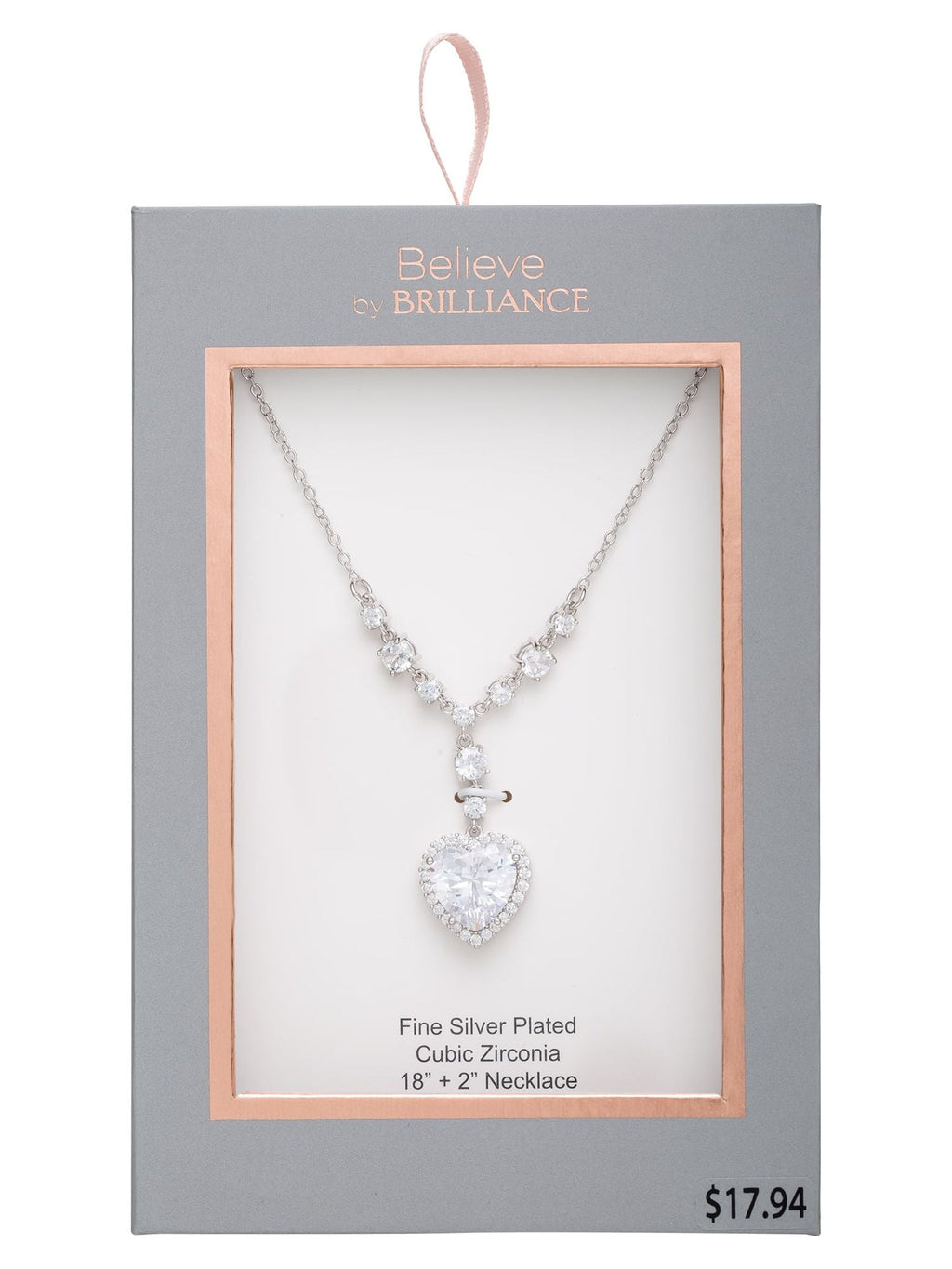 Believe by Brilliance- Women's Silver Plated Cubic Zirconia Heart Pendant Necklace, 18"